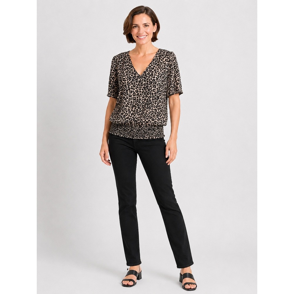 Michael Kors Leopard Animal Print V-Neck Smocked Hem Blouse Tan Black Womens M
